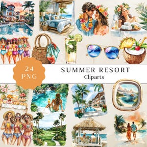 Summer Resort clipart, tropische vakantie graphics, digitale download voor zomer, tropische clipart, Beach Spa kunst, instant clipart-collectie