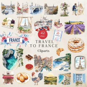 Voyage des cliparts France, illustrations aquarelle Paris, aquarelle parisienne, Tour Eiffel PNG, éléments de scrapbooking numérique pour créations