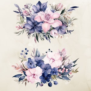 Navy and Pink Floral Watercolor Clipart, Flower Bouquet (PNG) - Etsy