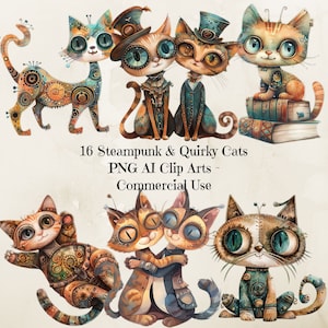 Steampunk Quirky Cat Clipart, Whimsical Cat Clipart, Cat png, Digital Steampunk, Cute Cats, Png Instant Download Commercial Use, 300 dpi