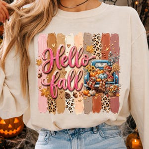 Bonjour automne coup de pinceau PNG, coquette rose automne PNG, conception mignonne de camion d'automne, sublimation de champ de citrouille, graphique d'automne d'imprimé léopard