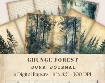 Grunge Forest Digital Paper, Vintage Printable Junk Journal Pages, Vintage Scrapbook Ephemera, Rustic Craft Supplies, Scrapbook Paper