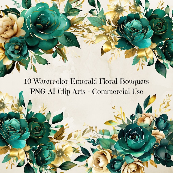 Watercolor Emerald Flower Bouquet Clipart, Watercolor Floral Clipart Bouquets, Emerald and Mint Flower Bouquet Clipart, Wedding Clipart