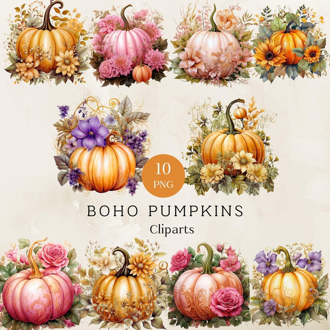 Pumpkin Floral Clipart, Watercolor Autumn PNG, Fall Digital Download ...