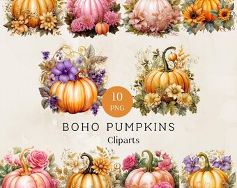 May include: A collection of ten watercolor cliparts featuring pumpkins in various colors, including orange and pink, adorned with floral arrangements. The text "BOHO PUMPKINS Cliparts" is displayed below the images.