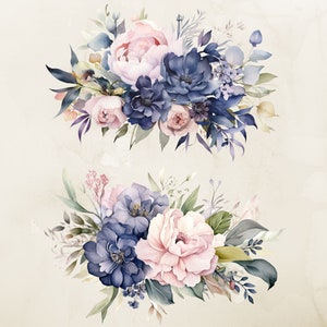 Navy and Pink Floral Watercolor Clipart Pack, Navy and Blush Flower ...