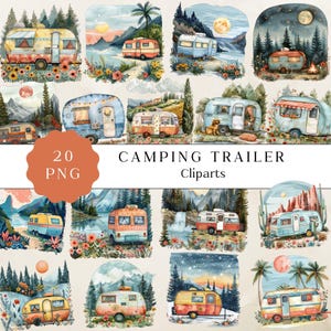 Clipart remorque de camping, art aquarelle aventure, dessins aquarelle rétro, haute qualité PNG, téléchargement numérique pour Papercraft et journaux