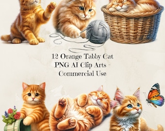 Watercolor Orange Tabby Cat Clipart, Cute Cat Clipart, Watercolor Tabby Cat Illustration, Cute Kitten Graphics, Commercial Use, 300dpi