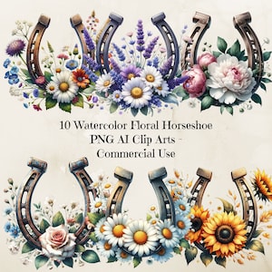 Aquarel bloemen hoefijzer clipart, paardenliefhebber png, hoefijzer bloemen png, hoefijzer png, sublimatie graphics, westerse clipart, 300dpi