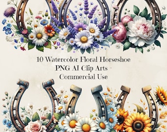 Watercolor Floral Horseshoe Clipart, Horse Lover Png, Horseshoe Flowers Png, Horseshoe Png, Sublimation Graphics, Western Clipart, 300dpi