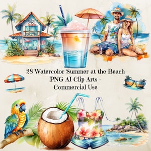 Summer at the Beach Clipart, Summer Beach Graphics, Tropical Beach Clipart, Beach Clipart, Palm Tree, Cute Summer Items Clipart, 300dpi