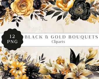 Clipart bouquet noir et or, bouquets de cliparts floraux aquarelles, fleurs pour faire-parts, cliparts mariage, licence commerciale,