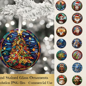 Stained Glass Christmas Ornaments Bundle, Stained Glass Png, Christmas Round Ornament Png, Christmas Sublimation Designs Downloads