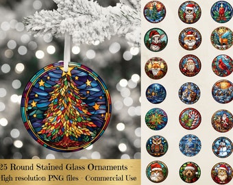 Stained Glass Christmas Ornaments Bundle, Stained Glass Png, Christmas Round Ornament Png, Christmas Sublimation Designs Downloads