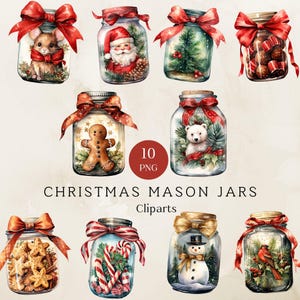 Watercolor Christmas Mason Jar Clipart, Christmas Jar Png, Christmas Watercolor Clipart, Christmas Sublimation, Winter Clipart, Junk Journal