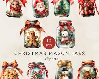 Watercolor Christmas Mason Jar Clipart, Christmas Jar Png, Christmas Watercolor Clipart, Christmas Sublimation, Winter Clipart, Junk Journal