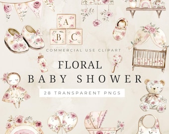 Pink Toile Baby Clipart, Baby Shower Clipart, Vintage French Nursery Digital PNG, Watercolor Floral Chinoiserie, It's A Girl Clipart