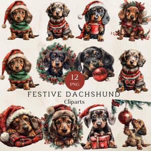 Clipart engraçado de Dachshund de Natal, Clipart festivo de cachorro Wiener, Ilustração de cachorro de Natal, Presentes perfeitos para amantes de cachorros, Clipart de animal fofo