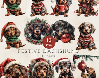 May include: Twelve digital illustrations of dachshund dogs wearing festive Christmas attire. The dogs are wearing Santa hats, sweaters, and holding Christmas ornaments. The illustrations are in a cartoon style and are perfect for holiday crafts and projects.