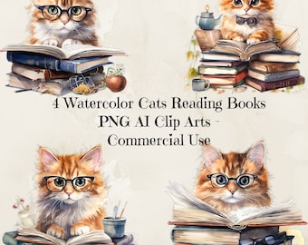 Könnte beinhalten: Vier Aquarell-Illustrationen von orangefarbenen Tabby-Katzen, die eine Brille tragen und Bücher lesen. Jede Katze sitzt auf einem Stapel Bücher. Die Illustrationen sind vor einem hellbeigen Hintergrund angeordnet.
