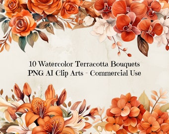 Watercolor Terracotta Flower Clipart, Terracotta Floral Clipart Pack, Wedding Clipart, Terracotta Flowers Art Set, Premade Clipart