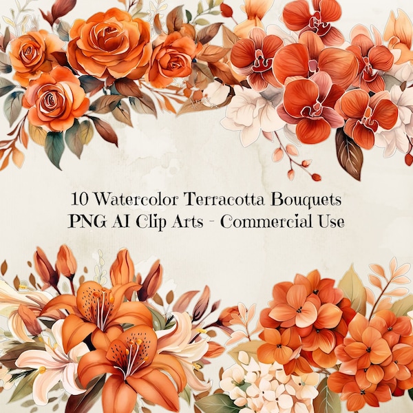 Watercolor Terracotta Flower Clipart, Terracotta Floral Clipart Pack, Wedding Clipart, Terracotta Flowers Art Set, Premade Clipart