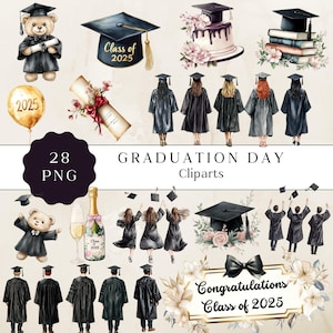 Graduación en acuarela (PPT), ilustraciones de graduación (PPT), promoción de 2025, flores para el diploma y la toga, descarga digital, manualidades digitales