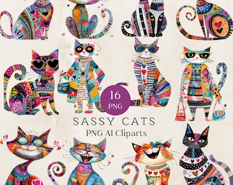 Quirky Sassy Cat Clipart, Funny PNG Cat Designs (Digital Download)