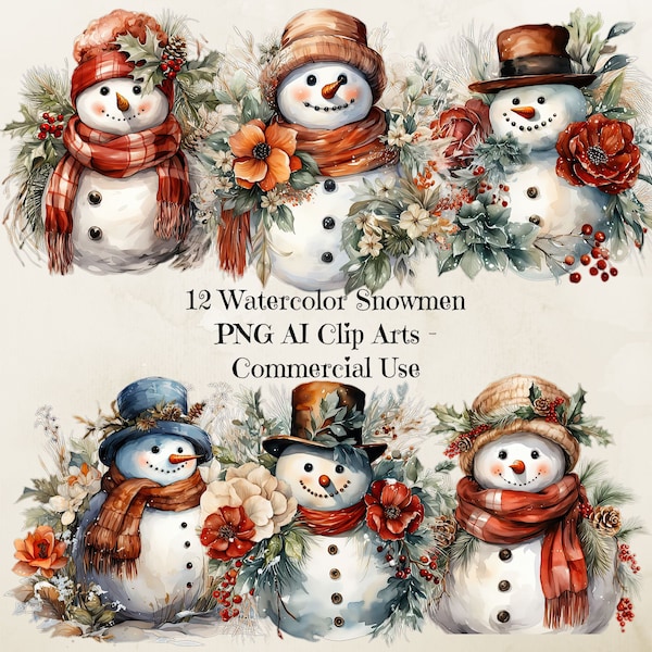 Watercolor Cute Snowmen Png Cliparts, Vintage Snowman, Printable Watercolor Clipart, 12 High Quality Jpgs, Snowman Download, Card Making