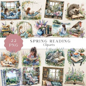 Aquarell Frühling lesen Clipart, Buchliebhaber Clipart, niedliche Bücherwurm Illustrationen, gemütliche Buchliebhaber Grafiken, lesende Mädchen Clipart
