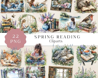 Clipart de lectura de primavera en acuarela, clipart de amante de los libros, lindas ilustraciones de ratones de biblioteca, gráficos acogedores para amantes de los libros, clipart de niña leyendo