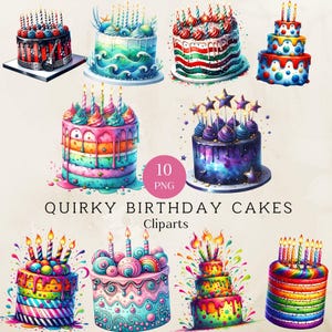 Quirky Birthday Cake Clipart, Whimsical Birthday Decorations, Birthday Cakes Graphics, Scrapbooking Card Making, Digital Download