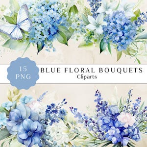 Blauwe bloemenboeketten png-clipart, aquarel bloemen clipartboeketten, blauwe aquarelbloemen, bruiloft illustraties, commercieel gebruik