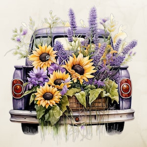 May include: A vintage purple pickup truck is overflowing with a bouquet of sunflowers and purple wildflowers. The truck is decorated with a wooden crate and a floral arrangement.