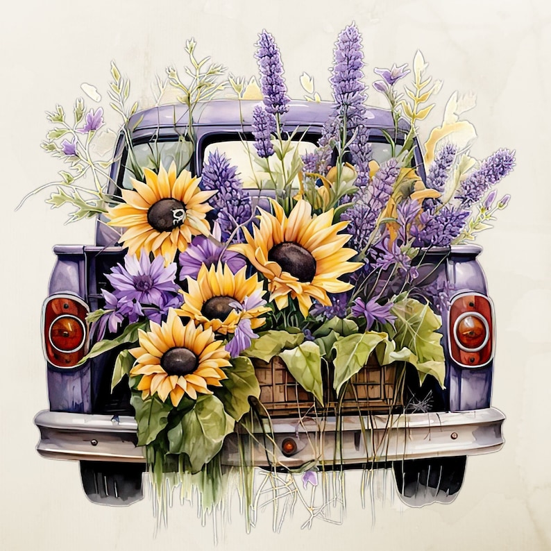 May include: A vintage purple pickup truck is overflowing with a bouquet of sunflowers and purple wildflowers. The truck is decorated with a wooden crate and a floral arrangement.