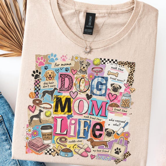 Retro Dog Mom Life PNG, Vintage Cut-Out Typography, Trendy Dog Mom Shirt Design, Colorful Scrapbook Style Pet Lover Graphic