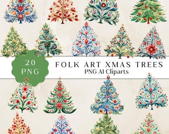 May include: Twenty watercolor illustrations of folk art Christmas trees in various colors and patterns. The trees are decorated with ornaments, stars, and other festive details. The text "FOLK ART XMAS TREES PNG AI Cliparts" is displayed below the trees.