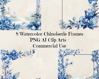 Chinoiserie Frame Clipart, Chinoiserie Borders, Chinoiserie Frame, 8 Frames, Chinoisery Print, Card Making, Instant Download, Commercial Use
