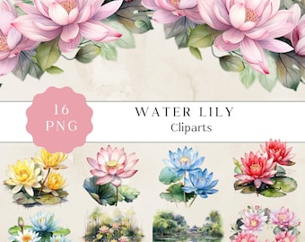 Clipart di ninfee ad acquerello, set di PNG floreali (download digitale)