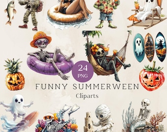 Clipart de verano, divertidos gráficos de playa, PNG de Halloween espeluznante y tierno, gráficos de Halloween espeluznantes, descarga digital adorable, arte veraniego divertido