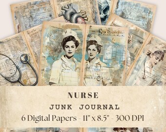 May include: Six digital papers for junk journaling with a vintage medical theme. The papers feature images of nurses, a stethoscope, a heart, and a skull. The papers are 11 inches by 8.5 inches and 300 DPI.