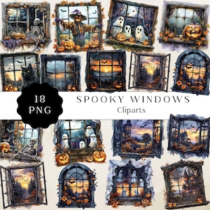 Può includere: 18 immagini di clip art di finestre di Halloween spettrali in formato PNG. Le immagini presentano varie scene spettrali, tra cui fantasmi, zucche, pipistrelli e uno spaventapasseri. Le finestre sono in diversi stili e colori, e alcune hanno un aspetto vintage.