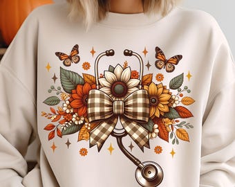 Fall Coquette Nurse Png, Floral Fall Nurse Png, Retro Nurse Coquette Bow Png, Cute Autumn Nurse Digital Download, Fall Nurse Shirt Design