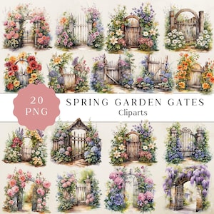Clipart porte de jardin, clipart aquarelle jardin, entrée secrète du jardin, jardin de printemps, portes de jardin rustiques, journal indésirable, png aquarelle