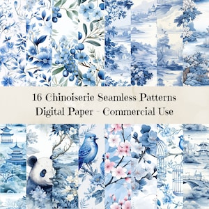 Chinoiserie Pattern Digital Papers, Vintage Chinoiserie Toile Prints, Seamless Patterns Backgrounds, Chinoiserie Background, Commercial Use