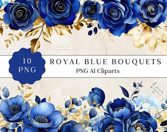 Royal Blue and Gold Floral Clipart, Gold and Blue Flower Clipart, Blue Roses Clipart, Blue Flower Png, Png for Wedding Invite, Blue Flowers