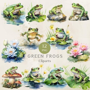 Aquarel clipart groene kikkers, schattige kikkers, kikker png, kikker png-afbeelding, kikker digitale clipart, vijver clipart, digitale download, commercieel gebruik