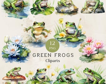 Watercolor Green Frog Clipart, Pond Animal Illustrations (Digital Download)