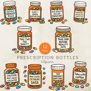 Op de afbeelding: Een verzameling van twaalf cartoon medicijnflesjes met humoristische labels. Elk oranje flesje bevat kleurrijke pillen en heeft een wit label met teksten als "Instant Genius Pills" en "Take with coffee".