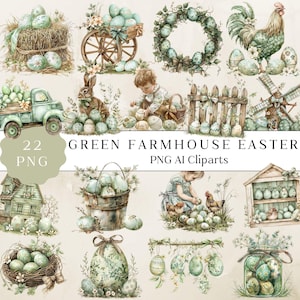 Fazenda de campo Páscoa aquarela Clipart Png Bundle, aquarela Páscoa Clipart Pngs, ilustração de Páscoa, download digital de Páscoa verde